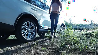 Piss Stop - Urgent Outdoor Roadside Pee and Horseshit Sucking by Asian Girl Tina in Blue Jeans